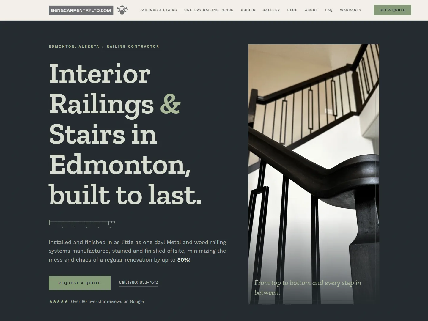 Ben's Carpentry Ltd website homepage, an Edmonton interior railings and stairs site built by Independent Commerce
