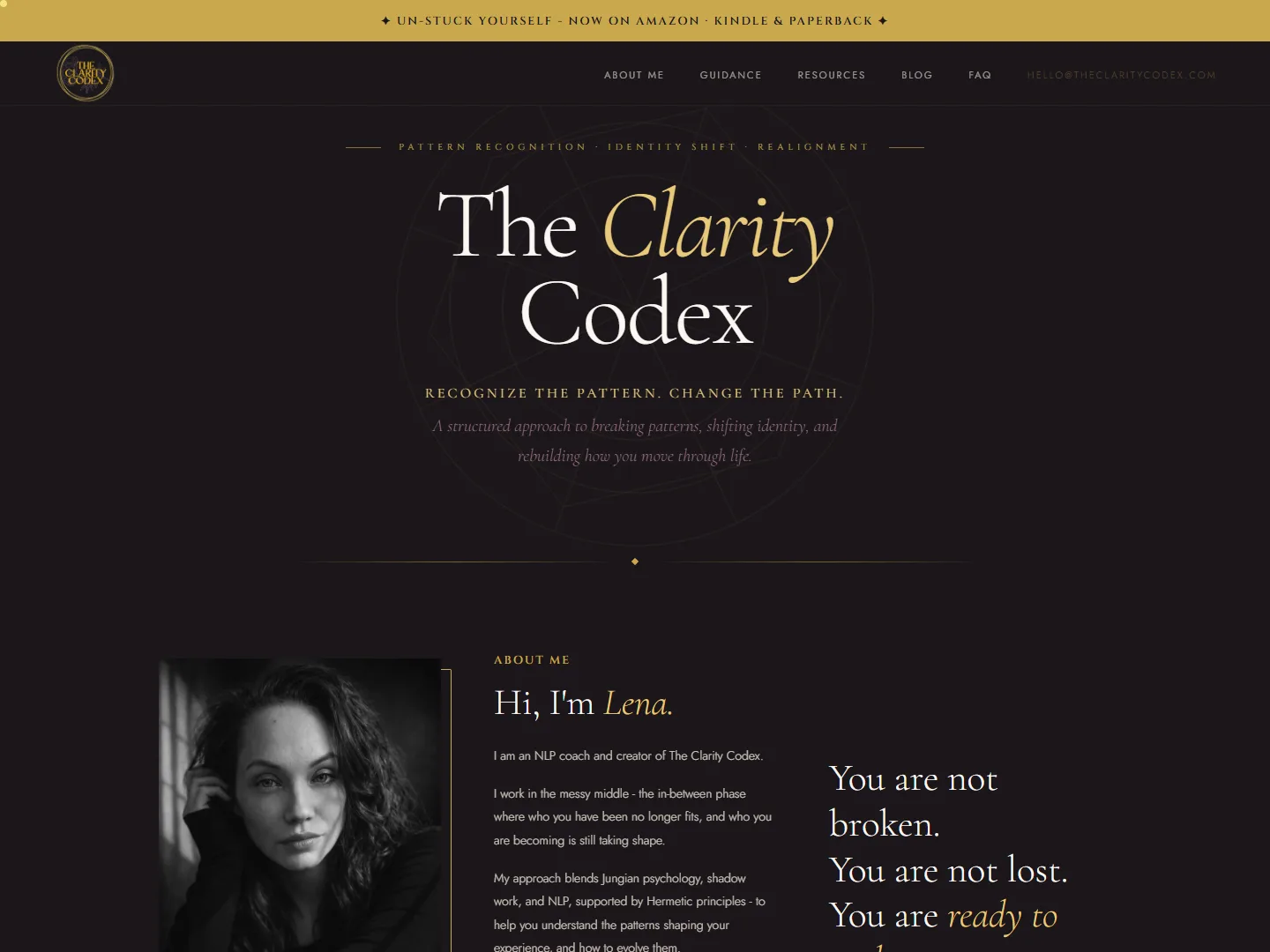 The Clarity Codex website homepage, an NLP coaching and author site built by Independent Commerce