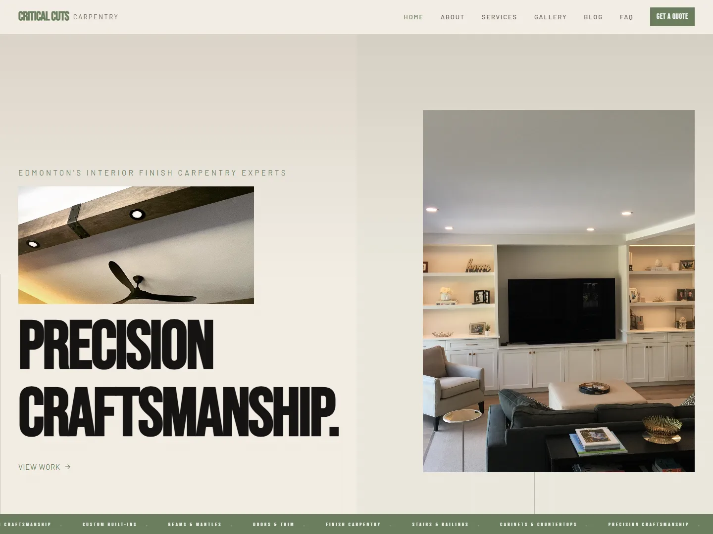 Critical Cuts Carpentry website homepage, an Edmonton finish carpentry site built by Independent Commerce